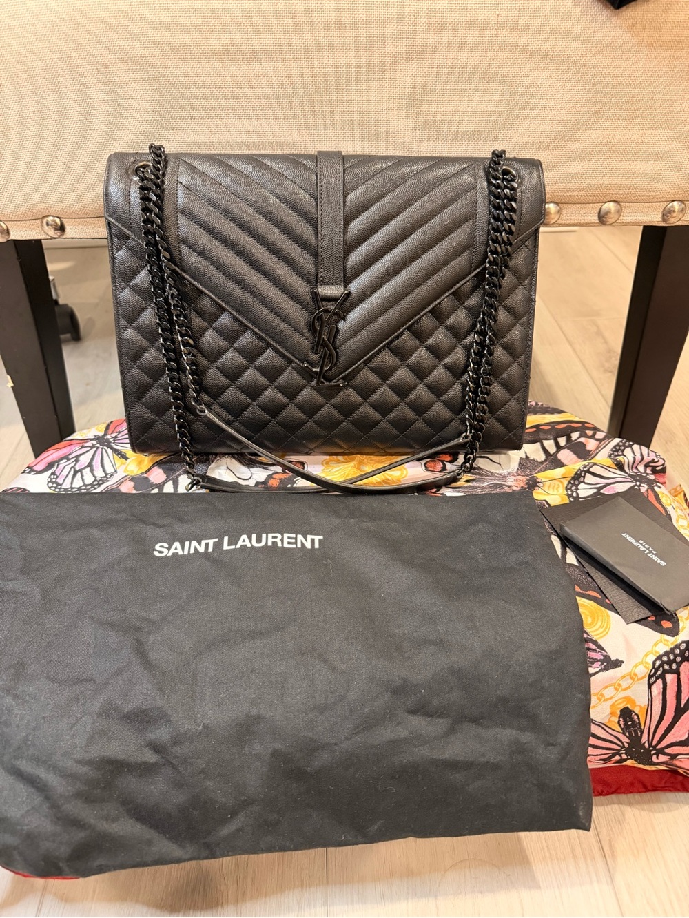 Saint Laurent Black Quilted Chevron & Diamond Chain Shoulder Bag